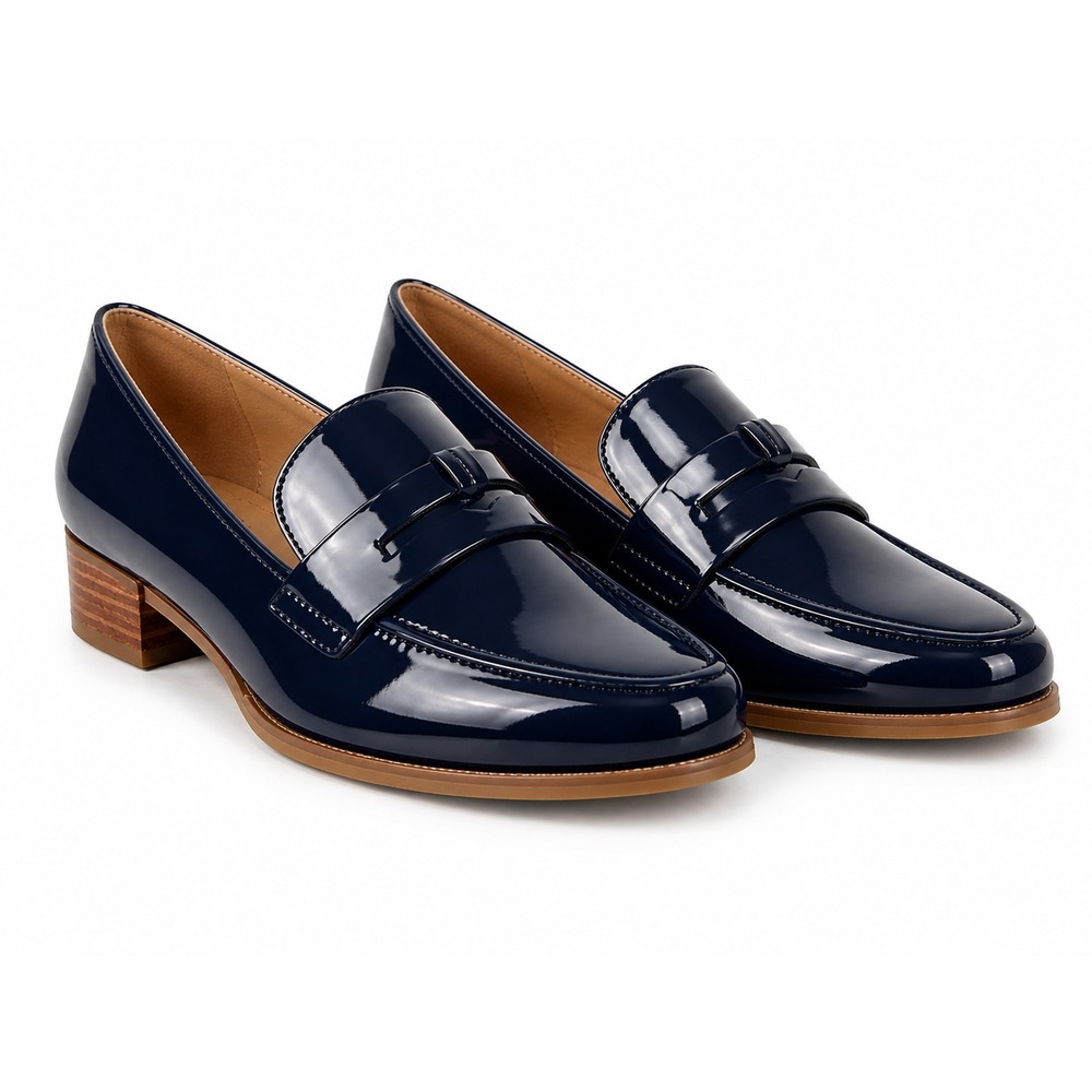 Tahari Women Loafers Size 6.5 Navy Patent Leather Block Heel Classic Preppy